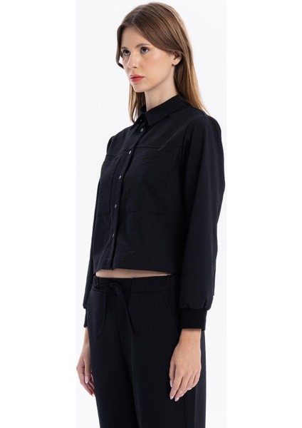 Gofre Desenli Oversize Cepli Kadın Gömlek
