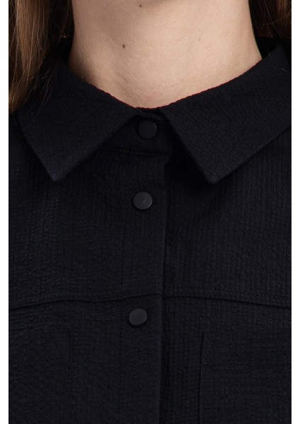 Gofre Desenli Oversize Cepli Kadın Gömlek