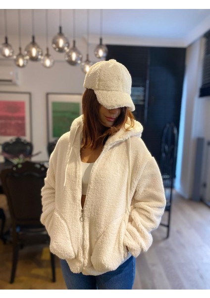 Kadın Sweat Uzun Kollu Kapşonlu Peluş Fermuarlı
