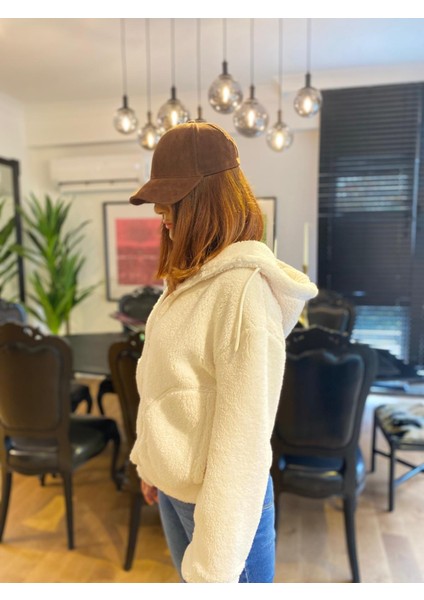 Kadın Sweat Uzun Kollu Kapşonlu Peluş Fermuarlı