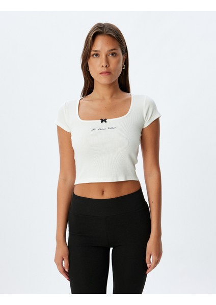 Örme Crop Pijama Üstü Kısa Kollu U Yaka Baskı Detaylı Pamuklu modelleri