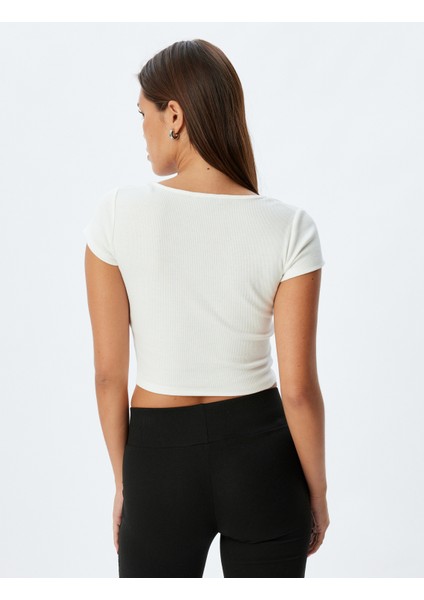 Örme Crop Pijama Üstü Kısa Kollu U Yaka Baskı Detaylı Pamuklu fırsatları