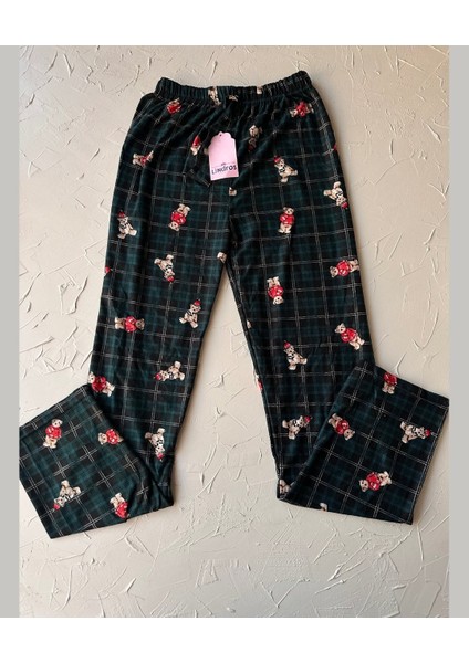 Lindros Kadife Zümrüt Yeşili Kare Desen Vintage Ayıcık Desenli %100 Pamuk Pijama Altı