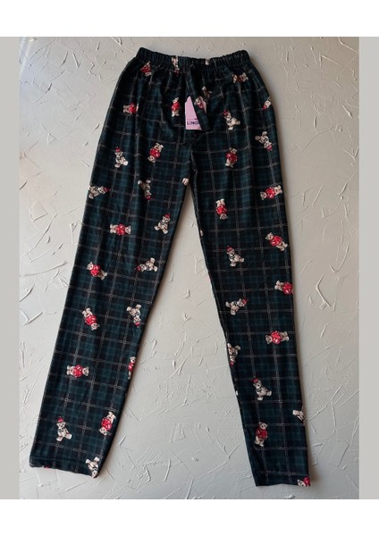 Lindros Kadife Zümrüt Yeşili Kare Desen Vintage Ayıcık Desenli %100 Pamuk Pijama Altı fiyatları