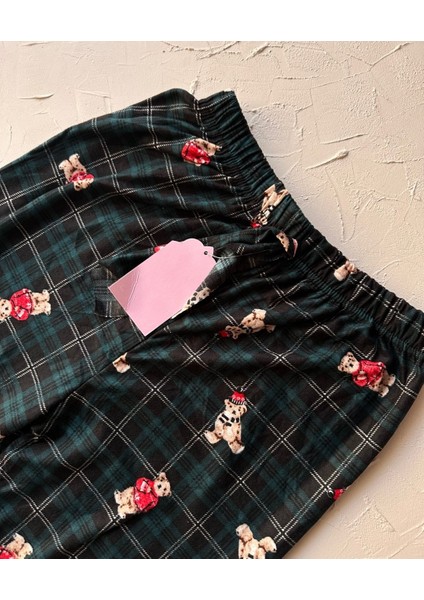 Lindros Kadife Zümrüt Yeşili Kare Desen Vintage Ayıcık Desenli %100 Pamuk Pijama Altı modelleri