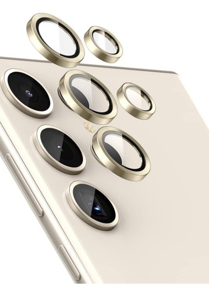 Samsung Galaxy S24 Ultra Alüminyum Alaşım Renki Temperli Cam Kamera Lens Koruyucu - Gold