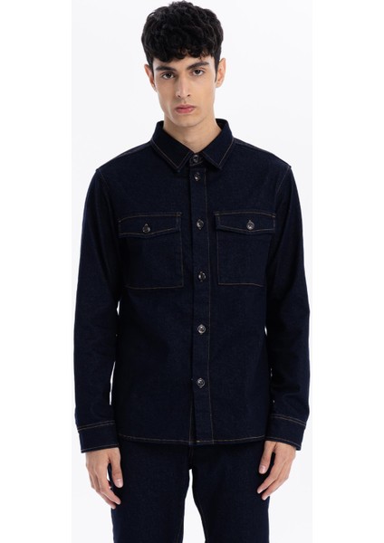 Kapama Düğme Detaylı Regular Fit Denim Erkek Mont