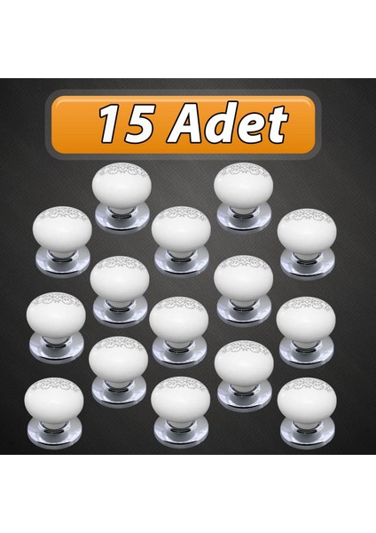 15 Adet Hanımeli Kulp Beyaz Polimer Düğme Kulp Krom Tablalı Mobilya Mutfak Dolabı Çekmece Kulbu