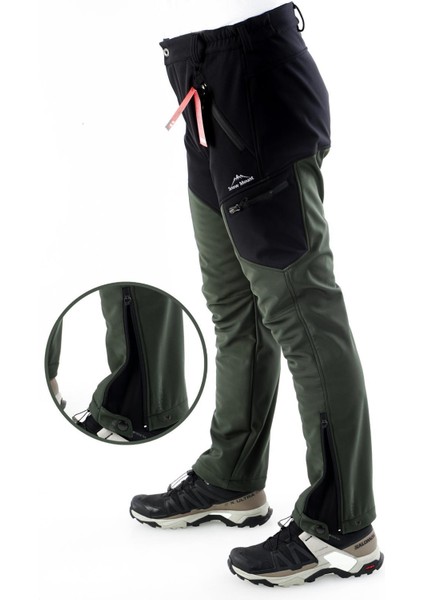 Paça Fermuarlı Siyah Haki Outdoor Su İtici Rüzgar Geçirmez Polarlı Kışlık Pantolon