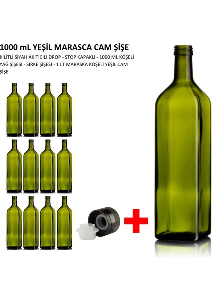 Yeşil Maraska Yağdanlık Kapaklı 1000 ml Köşeli Cam Şişe 12 Adet