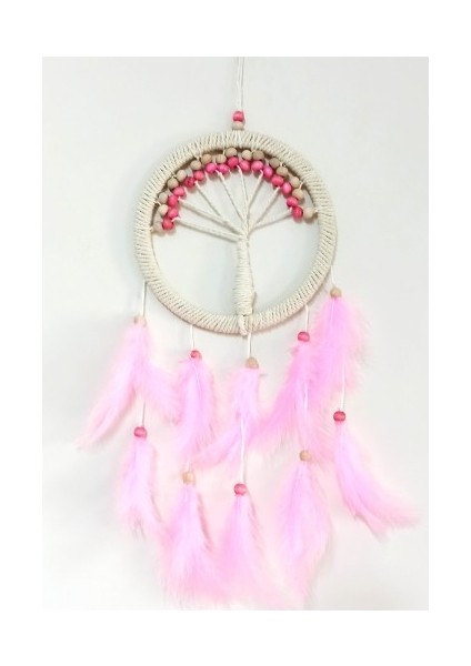Pembe Kuş Tüylü Hayat Ağacı Düş Kapanı Dream Catcher Duvar Süsü