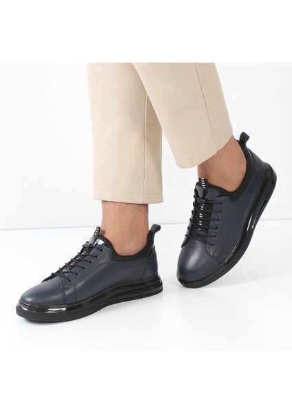 Erkek Lacivert Bağcıklı Kalın Tabanlı Deri Sneaker