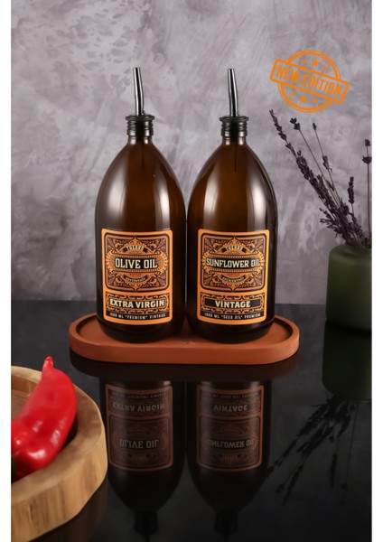1lt Amber Renkli Ahşap Stantlı Vintage Cam Yağdanlık 2'li Set Zeytinyağı Ayçiçek Yağı Şişesi