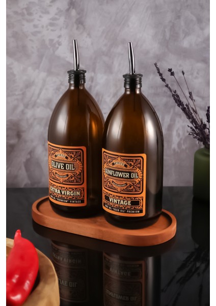 1lt Amber Renkli Ahşap Stantlı Vintage Cam Yağdanlık 2'li Set Zeytinyağı Ayçiçek Yağı Şişesi