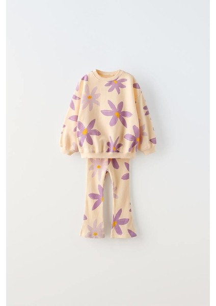 Çiçek Desenli Ekru Kışlık Pamuklu Sweatshirt Tayt Alt-Üst Takım Kız Çocuk