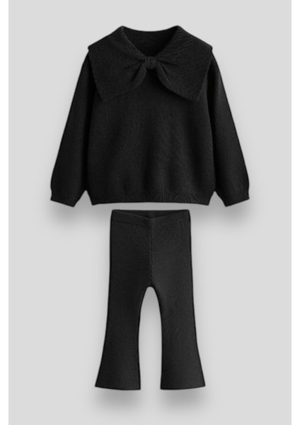 Triko Fiyonk Desenli Kışlık Pamuklu Sweatshirt Tayt Alt-Üst Takım Kız Çocuk