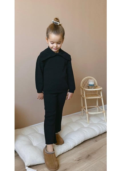Triko Fiyonk Desenli Kışlık Pamuklu Sweatshirt Tayt Alt-Üst Takım Kız Çocuk modelleri
