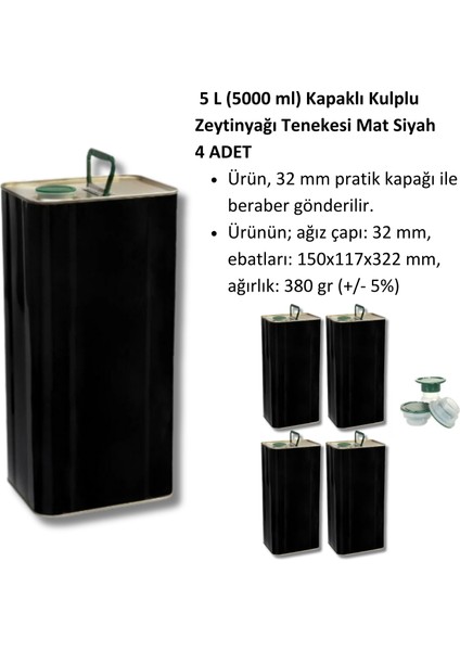 5l (5000 Ml) Boş Zeytinyağı Tenekesi Kapaklı x 4 Adet