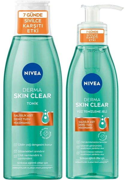 NIVEA Derma Skin Clear Nisainamid ve Salisilik Asit (BHA) içeren Yüz Temizleme Jeli 150ml ve Tonik 200ml