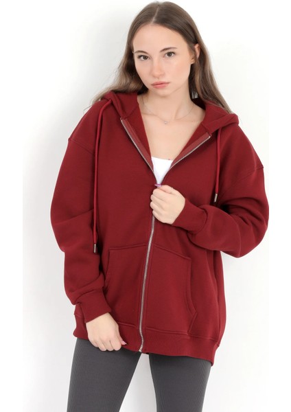 Kadın Bordo Fermuarlı Şardonlu Kapüşonlu Oversize Sweatshirt - 9015