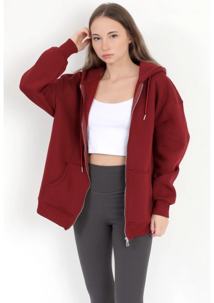 Kadın Bordo Fermuarlı Şardonlu Kapüşonlu Oversize Sweatshirt - 9015