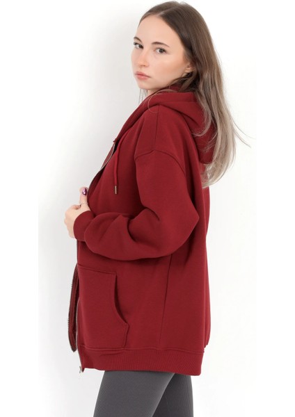 Kadın Bordo Fermuarlı Şardonlu Kapüşonlu Oversize Sweatshirt - 9015