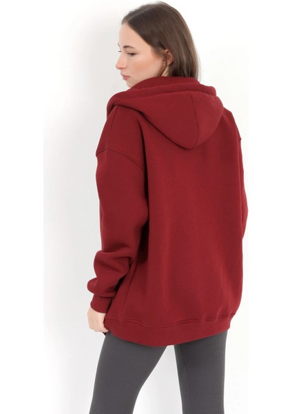 Kadın Bordo Fermuarlı Şardonlu Kapüşonlu Oversize Sweatshirt - 9015