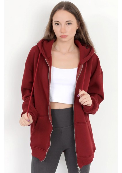 Kadın Bordo Fermuarlı Şardonlu Kapüşonlu Oversize Sweatshirt - 9015