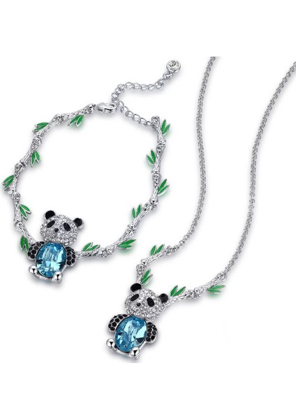 Kristal Taşlı Özel Tasarım Panda Kolye ve Bileklik Set (Altın Kaplama)