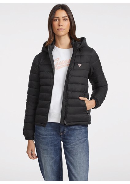 Kapüşon Yaka Normal Kalıp Desenli Siyah Kadın Mont Gj Hooded Puffer - Recy Irıdescent fiyatları