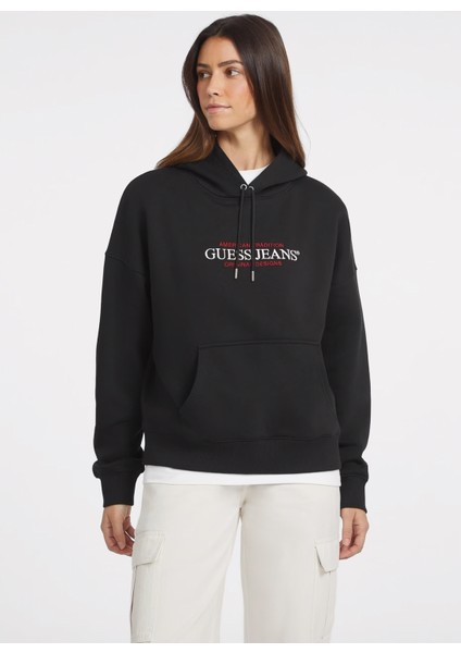 Siyah Kadın Kapüşon Yaka Normal Kalıp Desenli Sweatshirt Gj Hood Os Amerıcan - Organıc Co/pl