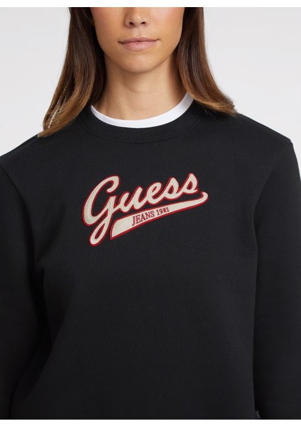 Siyah Kadın Bisiklet Yaka Normal Kalıp Desenli Sweatshirt Gj Cn Reg Guess J Sc - Organıc Co/p