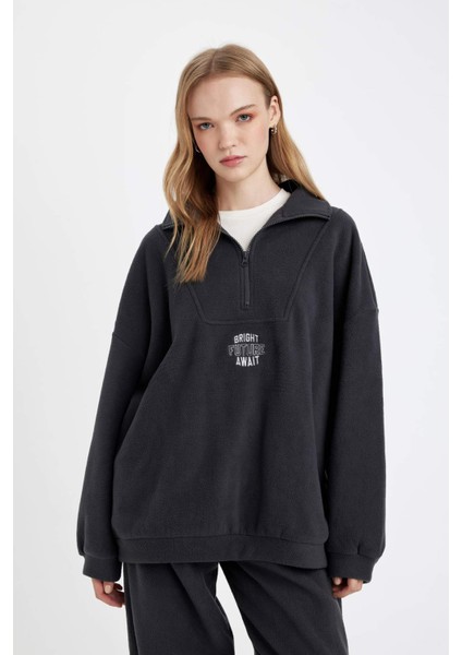 Oversize Geniş Kalıp Fermuarlı Dik Yaka Nakışlı Polar Sweatshirt Y2649AZ24WN