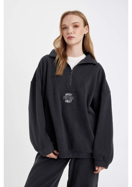 Oversize Geniş Kalıp Fermuarlı Dik Yaka Nakışlı Polar Sweatshirt Y2649AZ24WN