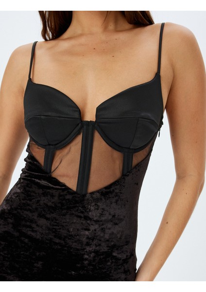 Tül Korse Detaylı Asimetrik Ip Askılı Kalp Yaka Kadife Abiye Elbise indirimleri