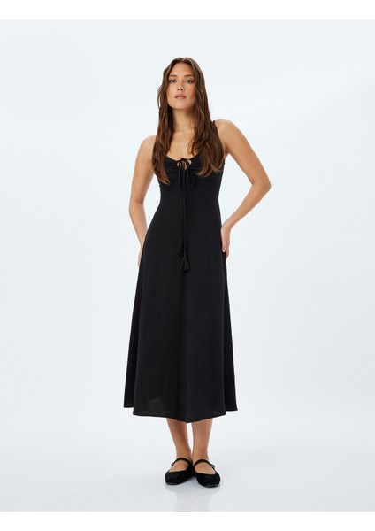 Viskon Keten Karışımlı Önü Drapeli Bağlama Detaylı Askılı Uzun Elbise