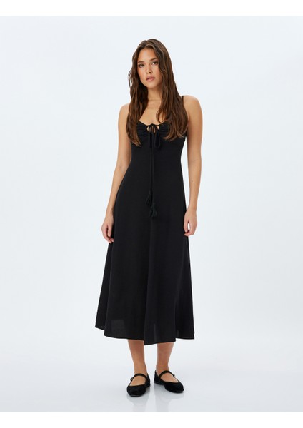 Viskon Keten Karışımlı Önü Drapeli Bağlama Detaylı Askılı Uzun Elbise fiyatları