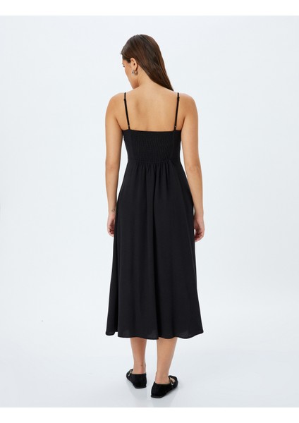 Viskon Keten Karışımlı Önü Drapeli Bağlama Detaylı Askılı Uzun Elbise fırsatları