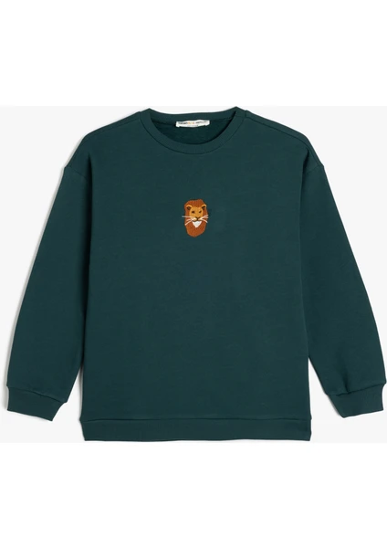 Uzun Kollu Bisiklet Yaka Aslan Işlemeli Şardonlu Pamuklu Sweatshirt