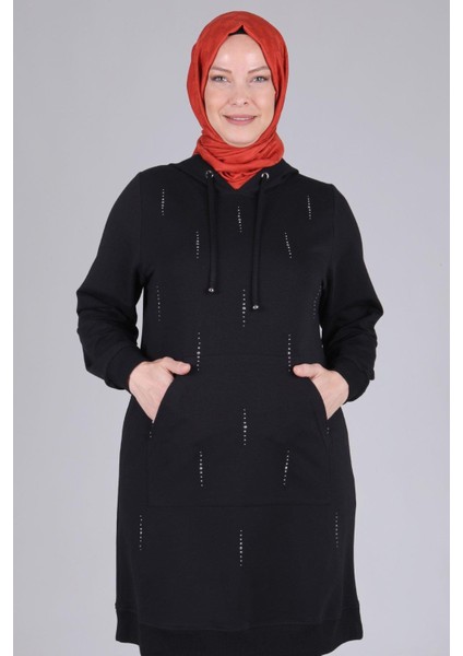 Büyük Beden Kapüşonlu Tunik Siyah OTW2042