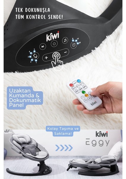 Eggy Premium Otomatik Sallanan Ana Kucağı, Elektrikli, Antrasit Renk, Kendi Kendine Sallanan Ana Kucağı, Bluetooth Özellikli