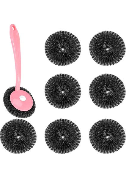 Paslanmaz Çelik Sünger Bulaşık Makinesi Seti, 8'li Saplı Paket, Tencere Seti, Tencere Fırçası, Ocaklar, Sert Kirleri Temizleme (Pembe) (Yurt Dışından)