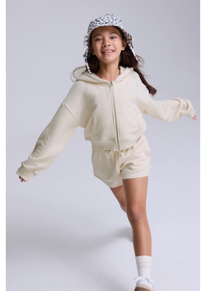 (Kids Girl) Fermuarlı Kapüşonlu Kanguru Cep Sweatshirt