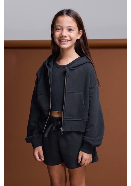 (Kids Girl) Fermuarlı Kapüşonlu Kanguru Cep Sweatshirt