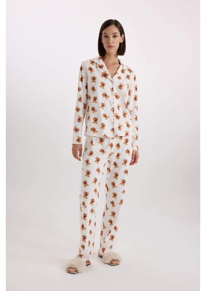 Fall in Love Desenli Pijama Takımı Uzun Kollu Üst Beli Lastikli Alt D2278AX24WN