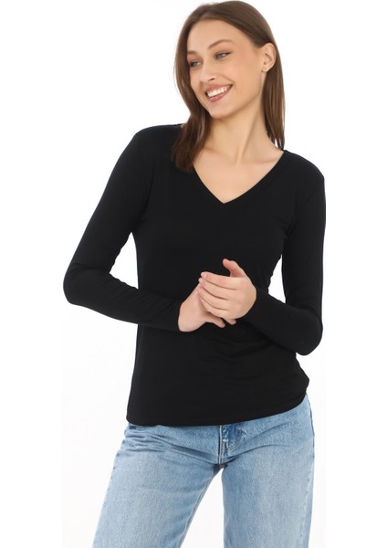 Yumuşak, Rahat ve Şık Viskon V Yaka Tişört-Siyah