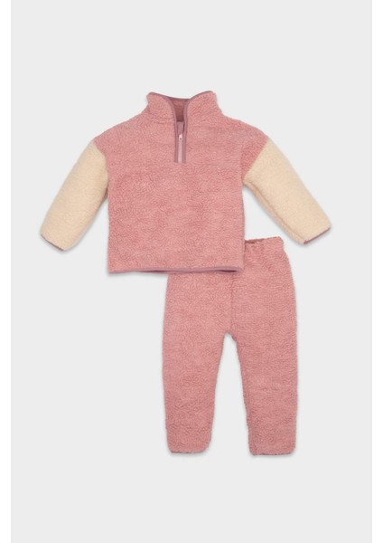 Kız Bebek 2'li Takım Pelüş Fermuarlı Dik Yaka Sweatshirt Beli Lastikli Alt D6706A524WN