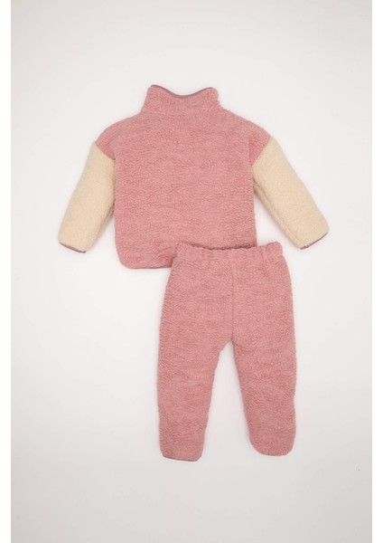 Kız Bebek 2'li Takım Pelüş Fermuarlı Dik Yaka Sweatshirt Beli Lastikli Alt D6706A524WN