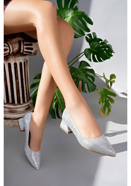 Shine Model Kadın Gümüş Parlak Abiye Sivri Burun Kare Topuklu Babet Kadın Ayakkabı modelleri