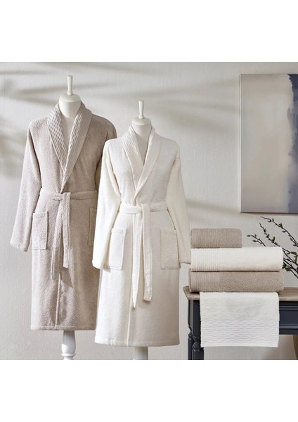 Blaze Pure Cotton Pamuk Aile Bornoz Seti Ekru